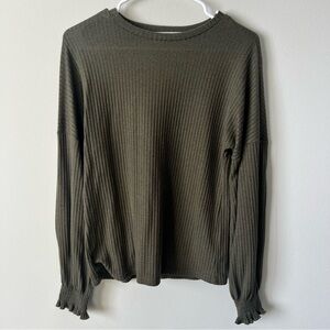 Women’s Olive Green Ribbed Long Sleeve Top, Cuffed Arms, Size Small